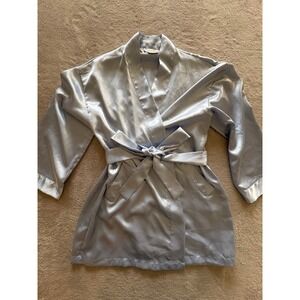 Victorias Secret Light Blue Satin Robe One Size OS Silky Wrap Elastic Back